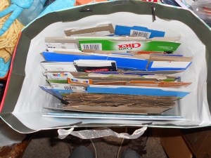 A peek at some of my stash of cereal boxes, etc...